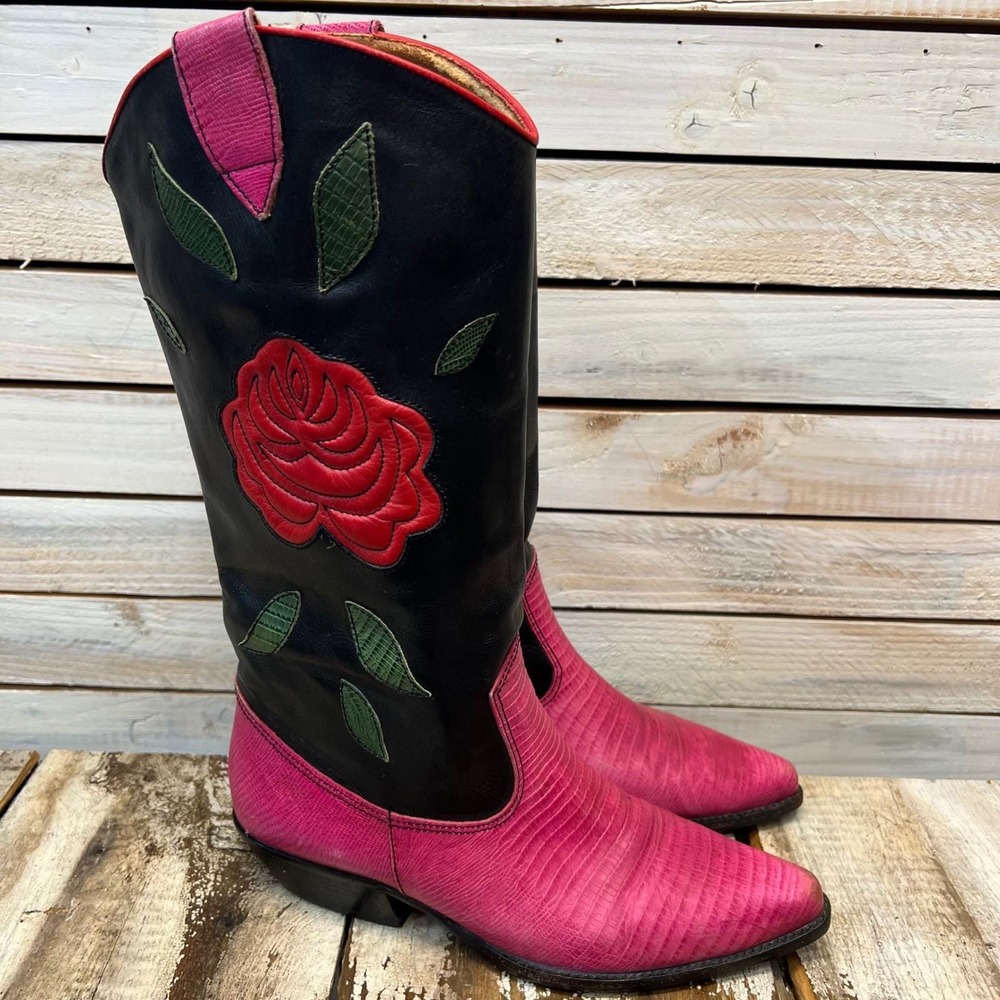 Vintage Nine West Pink Black Leather Rose Western Cowboy Boots 8.5M - Picture 11 of 11